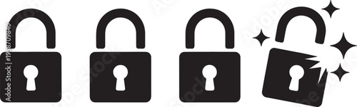 Four padlock with one broken lock padlocks locks security black and white transparent background