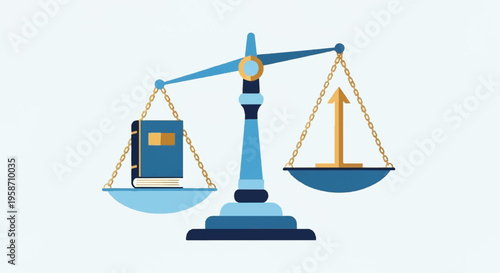 Law book on scale with rising arrow on other side symbolizing justice and growth concept of legal scales