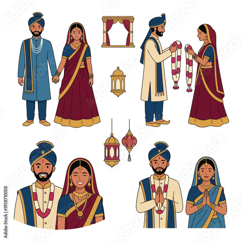 Indian wedding scene with couples and decorations