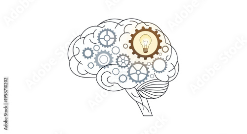 A creative mind with gears and a lightbulb idea emerges from a brain illustration.