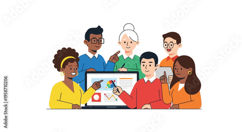 Diverse group of people discussing data on a computer and tablet in a meeting.