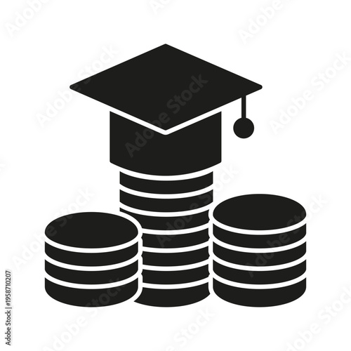 Graduation Cap With Coins Solid Icon. Education Funding, Scholarship, And Student Loan Silhouette Symbol. Financial Support For Learning. Isolated Vector Illustration