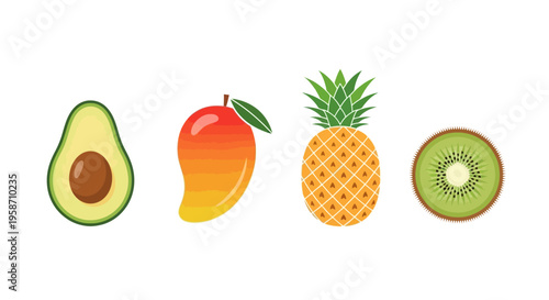 Vibrant illustrations of avocado, mango, pineapple, and kiwi fruits on white background