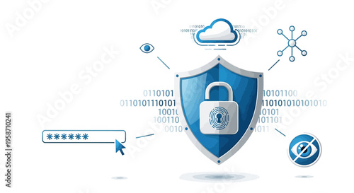 A blue shield with a padlock protects binary code and a cloud from a virus.