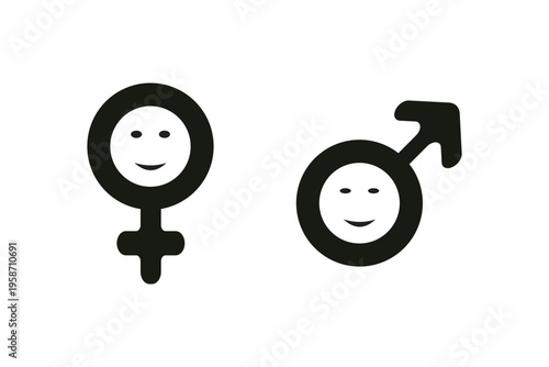 Male and female gender icons with smiling faces in minimal flat style representing identity, equality, diversity, and social connection. Ideal for education, healthcare, awareness, and modern design
