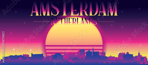 Purple generic retro futuristic synthwave panoramic poster of the city skyline with misty background sunset buildings of AMSTERDAM, NETHERLANDS