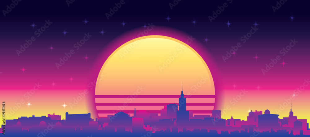 Obraz premium Purple generic retro futuristic synthwave panoramic poster of the city skyline with misty background sunset buildings of WARSAW, POLAND