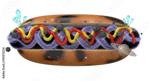 A creative illustration of a hot dog in space with colorful condiments