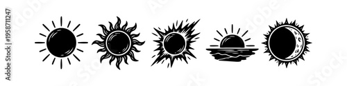 Solar eclipse and sun phases set with celestial sunrise and sunset illustrations