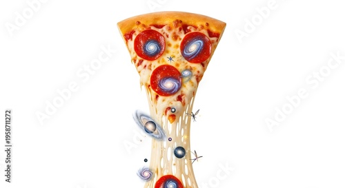 A slice of pizza with a creative twist of space and planets