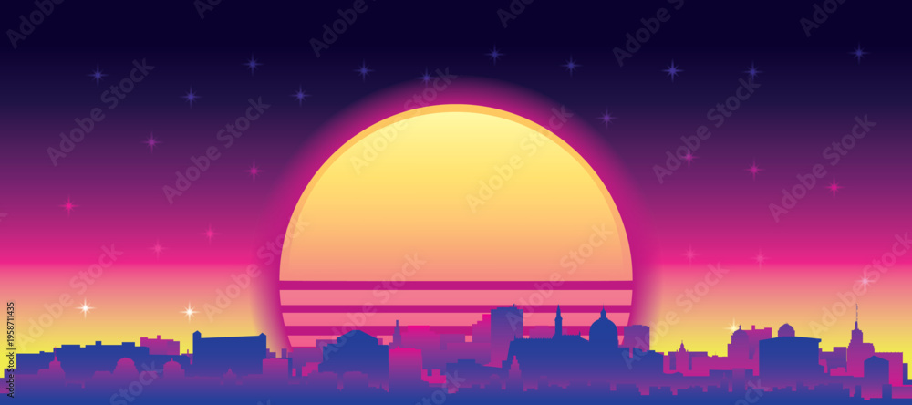 Obraz premium Purple generic retro futuristic synthwave panoramic poster of the city skyline with misty background sunset buildings of COPENHAGEN, DENMARK