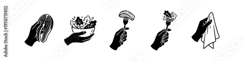 Hand drawn healthy food icons featuring hand holding salmon, salad bowl, fork and napkin. Woodcut sketch style vector
