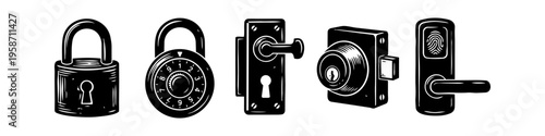 Security and door lock hardware icons set with padlock, combination lock and biometric fingerprint handle. Hand drawn sketch vector