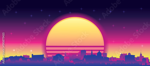 Purple generic retro futuristic synthwave panoramic poster of the city skyline with misty background sunset buildings of COPENHAGEN, DENMARK