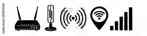 Network connectivity symbols including wifi router, signal and antenna