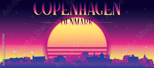Purple generic retro futuristic synthwave panoramic poster of the city skyline with misty background sunset buildings of COPENHAGEN, DENMARK