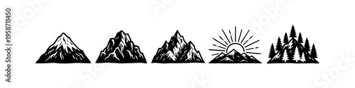Mountain peaks and outdoor nature icons for travel and adventure branding