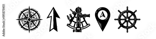 Nautical navigation and maritime icons set featuring compass, sextant, map pin and ship helm. Flat vector illustration