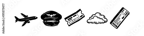Aviation and travel icons set including airplane, pilot hat, tickets and clouds