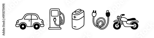 Electric vehicle and green energy icons featuring EV car, charging and battery
