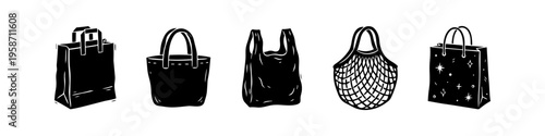 Bag, Shopping Bag and Tote Bag Monochrome Icon Set. High quality stock illustration with clear subject focus, cohesive composition, and versatile commercial applicability across branding, editorial.