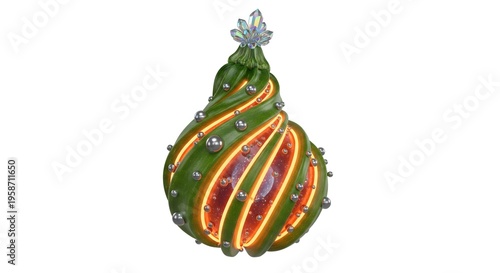 A vibrant green Christmas tree ornament with colorful lights and decorations