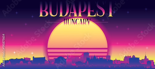 Purple generic retro futuristic synthwave panoramic poster of the city skyline with misty background sunset buildings of BUDAPEST, HUNGARY