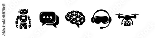 Distinct robot and speech bubble set in outline style. Robot, Speech Bubble and Brain Monochrome Icon Set. High quality stock illustration with clear subject focus, cohesive composition, and versatile