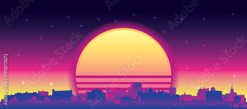 Purple generic retro futuristic synthwave panoramic poster of the city skyline with misty background sunset buildings of BUDAPEST, HUNGARY