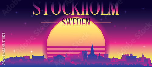 Purple generic retro futuristic synthwave panoramic poster of the city skyline with misty background sunset buildings of STOCKHOLM, SWEDEN