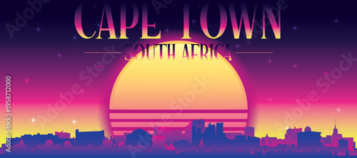 Purple generic retro futuristic synthwave panoramic poster of the city skyline with misty background sunset buildings of CAPE TOWN, SOUTH AFRICA