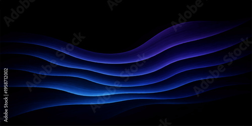 Abstract blue wave pattern with smooth black swirls and flowing energy motion on a dark black background design illustration