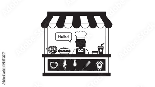 Cute Cartoon Coffee Stand with Barista and Delicious Beverages.