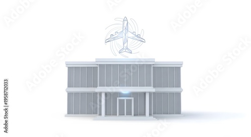 A modern building with an airplane flying above it