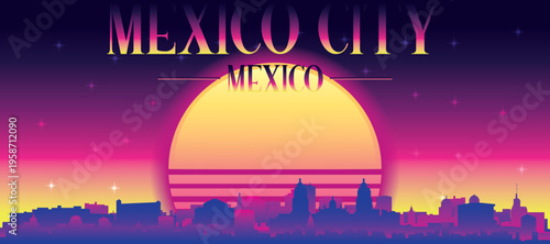 Purple generic retro futuristic synthwave panoramic poster of the city skyline with misty background sunset buildings of MEXICO CITY, MEXICO