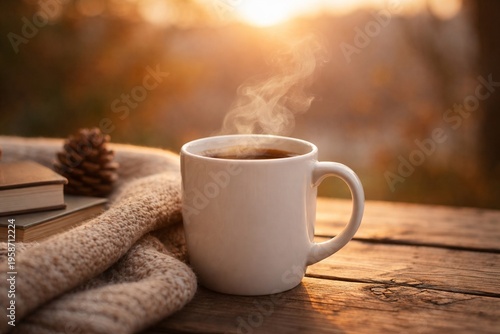 Warm coffee mug on a rustic wooden table