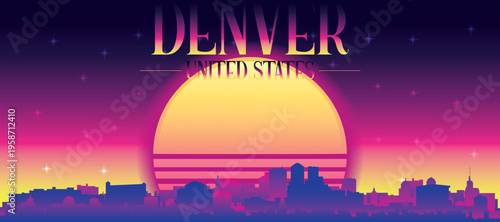 Purple generic retro futuristic synthwave panoramic poster of the city skyline with misty background sunset buildings of DENVER, UNITED STATES