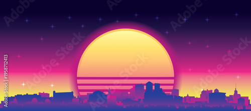 Purple generic retro futuristic synthwave panoramic poster of the city skyline with misty background sunset buildings of DENVER, UNITED STATES