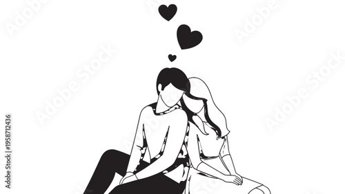 Cute Couple Sitting Together with Hearts Above Their Heads in Love Illustration.