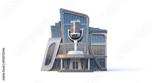 A modern radio station building with a large microphone on top