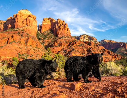 Two black bears stand against a backdrop of vibrant red rock formations and blue sky