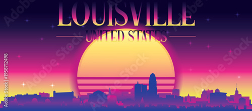 Purple generic retro futuristic synthwave panoramic poster of the city skyline with misty background sunset buildings of LOUISVILLE, UNITED STATES
