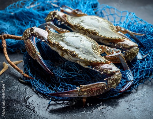 Two blue crabs rest on a blue fishing net, with dark wet rock background