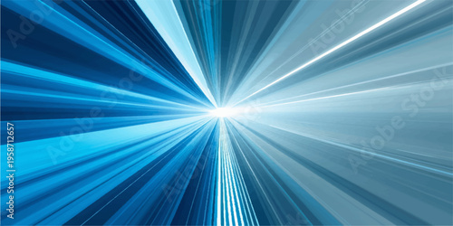 Bright blue abstract background with a sun burst of light rays and glowing summer sky flares in a vibrant vector art design