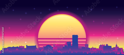 Purple generic retro futuristic synthwave panoramic poster of the city skyline with misty background sunset buildings of LOS ANGELES, UNITED STATES