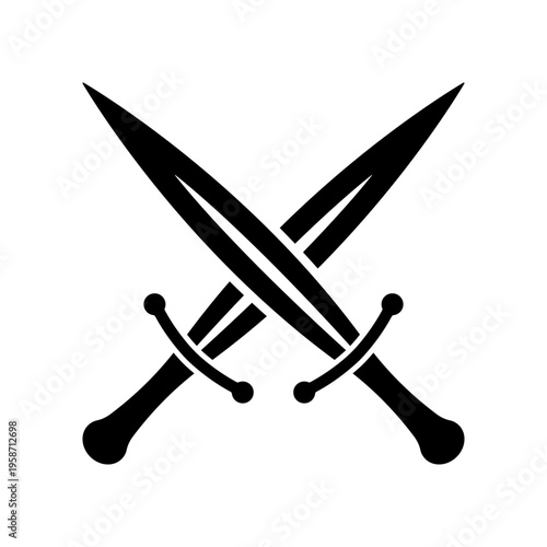 Crossed swords icon. Black silhouette. Front and side view. Vector simple flat graphic illustration. Isolated object on a white background.