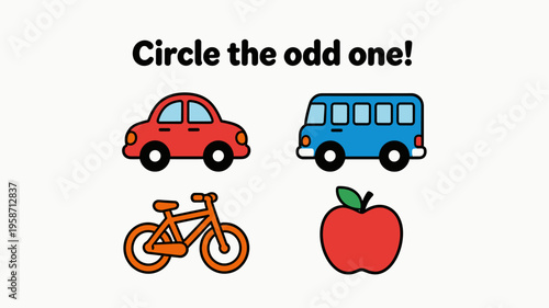 Colorful educational game graphic for children with vehicles and apple  
