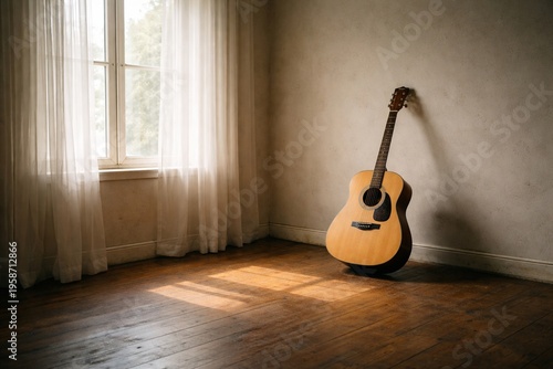 Acoustic guitar in a sunlit room