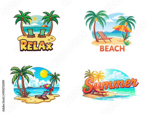 Tropical island, sun lounger with umbrella, sea flat design illustration, isolated on transparent background