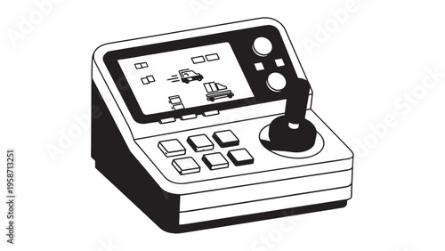 Modern control panel with digital touchscreen interface and joystick for machinery operation.